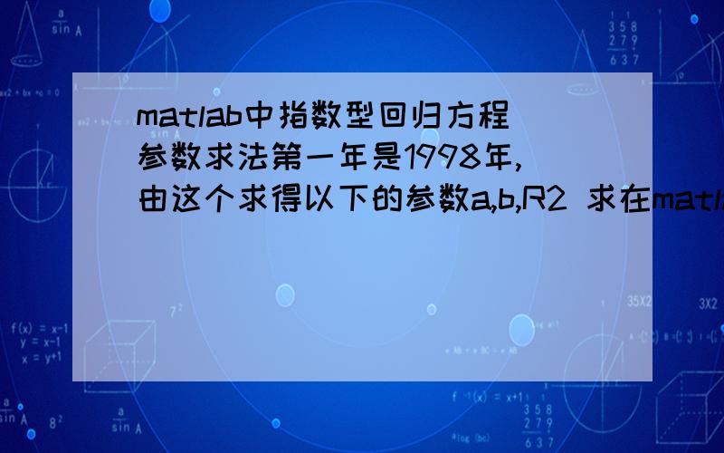 matlab中指数型回归方程参数求法第一年是1998年,由这个求得以下的参数a,b,R2 求在matlab中的程序.